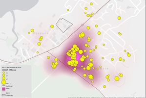 A heatmap showing complaints received from eastside residents since March 13. Lumbercube is outlined in black.