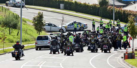 A large group of motorcyclists stopped by police in Bethlehem. Photo/Andrew Warner