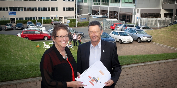 THE PLANS: Tauranga City Councillor Gail McIntosh and Mayor Stuart Crosby stand with the proposed master plan civic space options. PHOTO/ANDREW WARNER