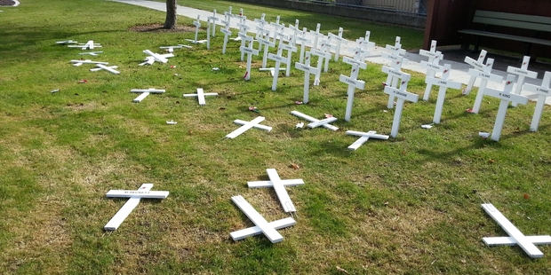 Some of the memorial crosses targeted by vandals.