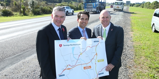ROADING CHANGES: Bay MPs (from left) Scott Simpson (Coromandel), Simon Bridges (Tauranga) and Todd Muller (Bay of Plenty) at the spot where the new Tauranga Northern Link will join Route K. PHOTO/JOHN BORREN