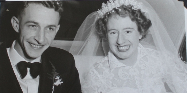 Jim and Judy Kernaghan after their marriage in Dannevirke's St John's Anglican Church on April 21, 1956.