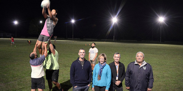 New lights at Edgecumbe Domain made possible by the Eastern Bay Energy Trust. Trustees Wade Brown, Donna Smit, EBET Chairman Don Lewell and Edgecumbe Sports Club President Parekura Hale.