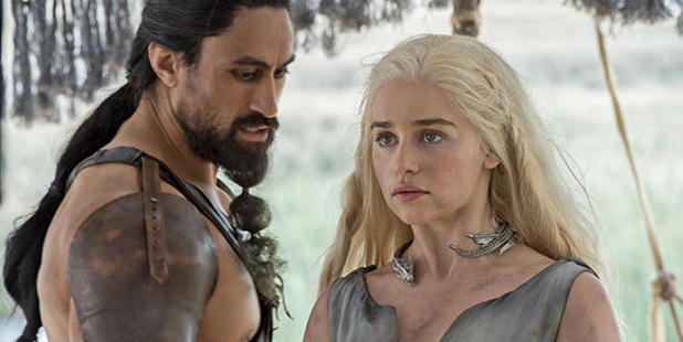 New Zealand actor Joe Naufahu as Khal Moro with Emilia Clarke as Daenerys Targaryen. (HBO)