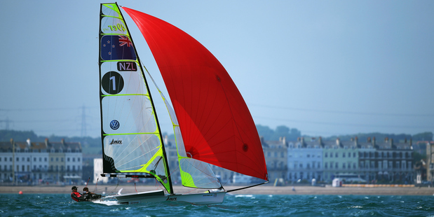 Peter Burling and Blair Tuke in action the Men's 49er race during the ISAF Sailing World Cup. Photo / Getty Images