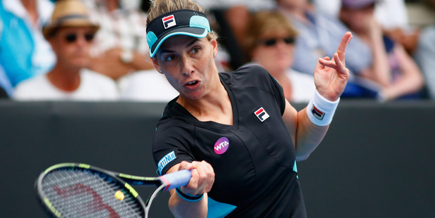 Marina Erakovic plays a forehand in her singles match at the 2016 ASB Classic. Photo / Getty Images