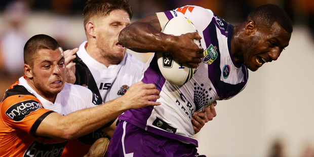 Former St Kentigern College and Blues rugby development squad member Suliasi Vunivalu in action for Melbourne Storm against Wests Tigers. Photo/Getty.
