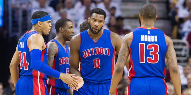 Tobias Harris, Andre Drummond and Marcus Morris of the Detroit Pistons celebrate. Photo / Getty Images