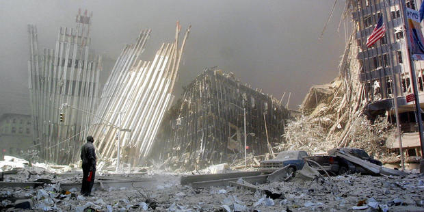 Man stands in the wreckage of the World Trade Center. Photo / Getty