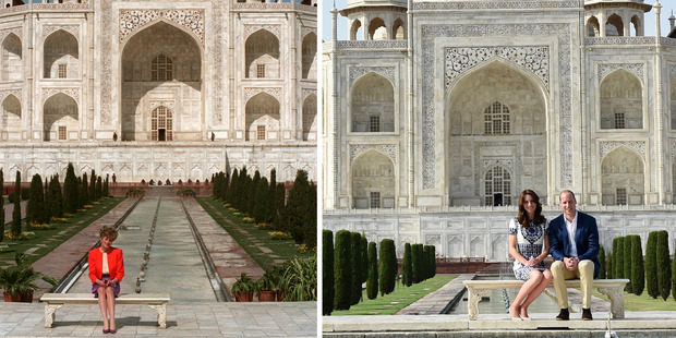 This two-picture combo shows a Feb. 11, 1992 file photo of Princess Diana sitting in front of the Taj Mahal, left, and her son Prince William sitting with his wife Kate, the Duchess of Cambridge, in t