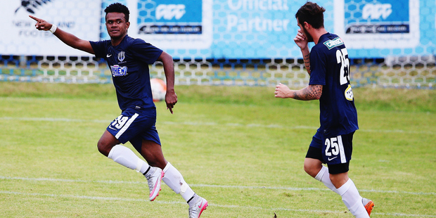Micah Lea'alafa (left) scored two goals for Auckland City during their victory over Wellington. Photo / Getty