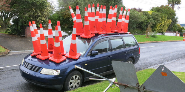 "Cones on this St Heliers street had been put down on one side of the street and overnight pranksters thought they could find a better use for the orange prickles." Photo / Supplied
