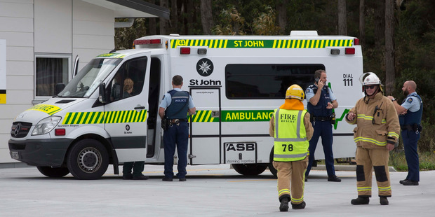 Police and emergency services at the St John base at Mangawhai Heads. A 10-year-old boy was rushed to hospital after a suspected accidental hanging. Photo / Brett Phibbs
