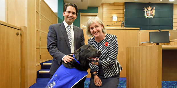 Amy Adams meets Louie at the Tauranga District Court yesterday. Photo / George Novak
