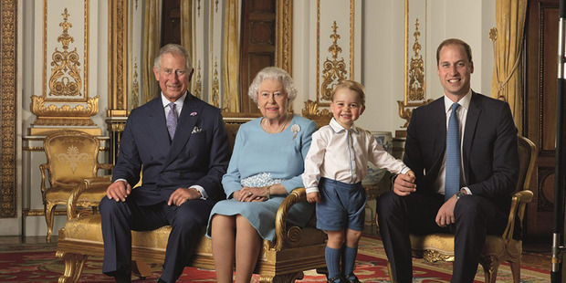 Prince William, right - seen with Prince Charles, the Queen and his son Prince George posing for a Royal Mail stamp. Photo / AP