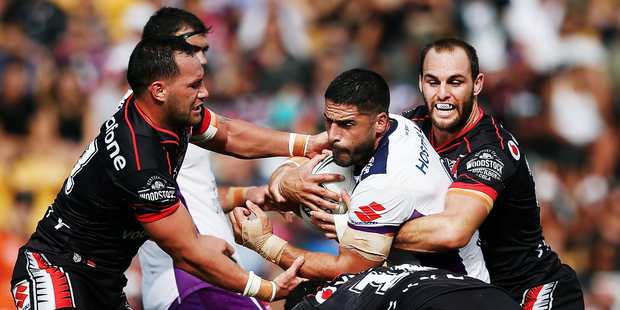 Jesse Bromwich proved a handful for the Warriors as the Storm won at Mt Smart five weeks ago. Photo / Getty Images