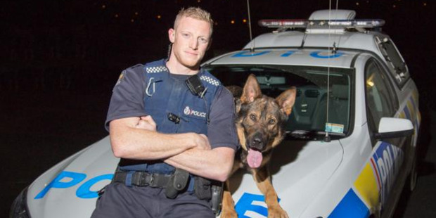 Gazza in late 2013 with his handler, Constable Josh Robertson. Photo / Supplied