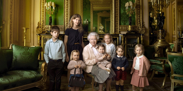 The Queen with her five great-grandchildren and two youngest grandchildren in her official birthday portrait Photo: Annie Leibovitz/AP