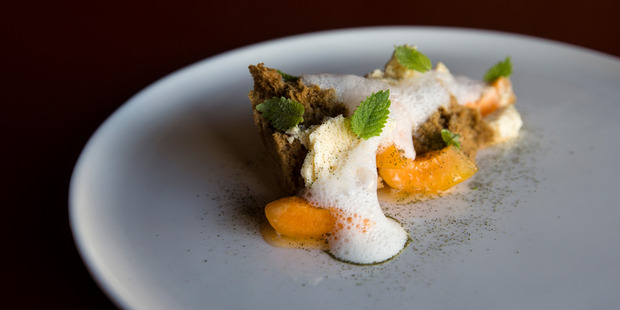 Apricot, Vadouvan, Goats Milk and Verbena Dessert. Photo / Guy Coombes