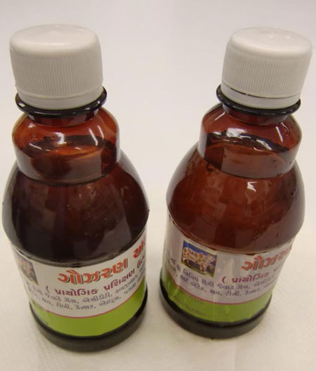 Bottles of cow urine intercepted at Wellington International Airport. Photo / Primary Industries Twitter