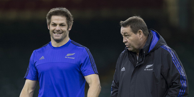 Former All Blacks skipper Richie McCaw and head coach Steve Hansen. Photo / Brett Phibbs