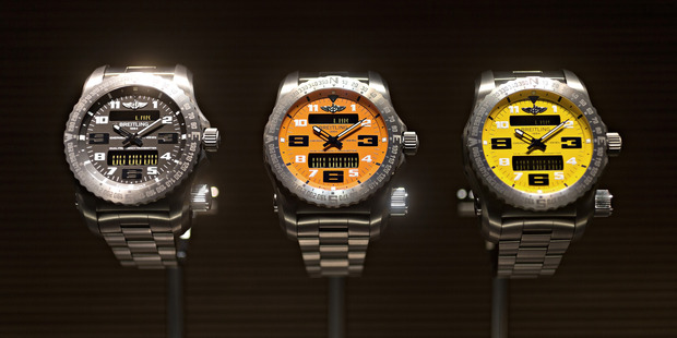 Three 'Emergency Chronograph' luxury wristwatches, produced by Breitling. Photo / Bloomberg - Michele Limina
