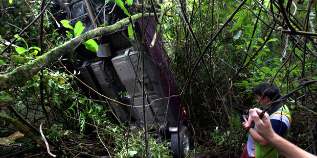 The car went off the cliff on Piha Road near Lone Kauri Road, Piha. Photo / Dean Purcell