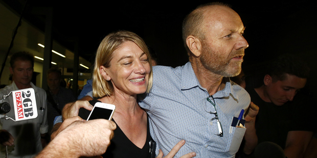 Tara Brown and producer Stephen Rice arrive back in Sydney. Photo / Getty Images