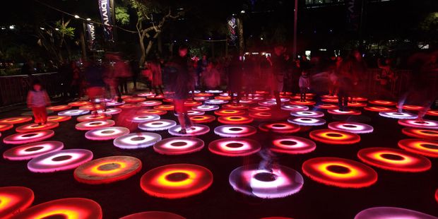Interactive stepping circles or stones that light and change colour.