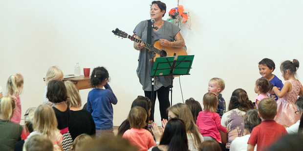 Anika Moa performing songs from her latest album for children at Tauranga Art Gallery this afternoon. Photo/Andrew Warner