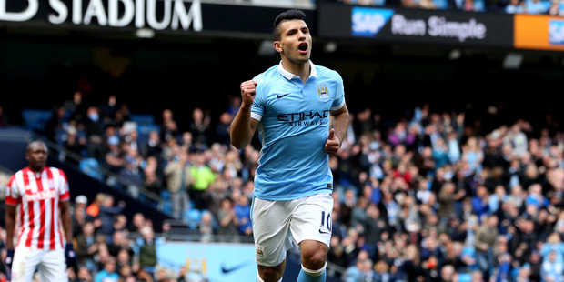 Manchester City's Sergio Aguero celebrates his sides second goal from the penalty spot. Photo / AP.