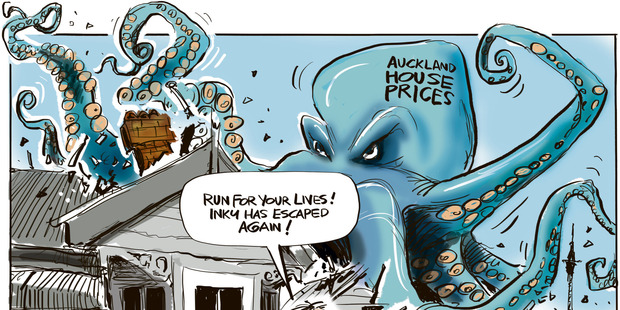 Inky the octopus - on the rampage as Auckland house prices skyrocket again. Illustration / Rod Emmerson