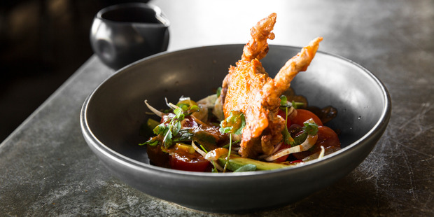 Heirloom Tomato Salad with Tempura Soft Shell Crab. Photo / Guy Coombes