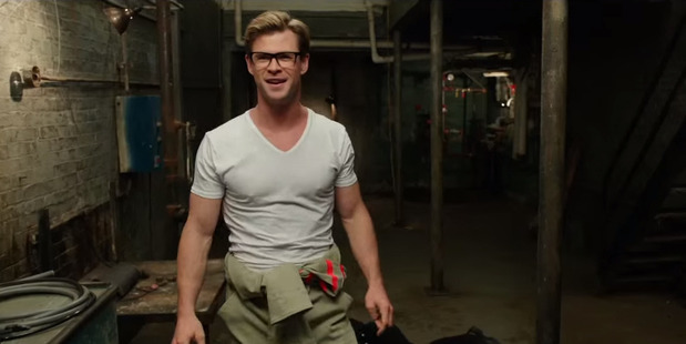 Chris Hemsworth in a scene from the upcoming Ghostbusters movie.