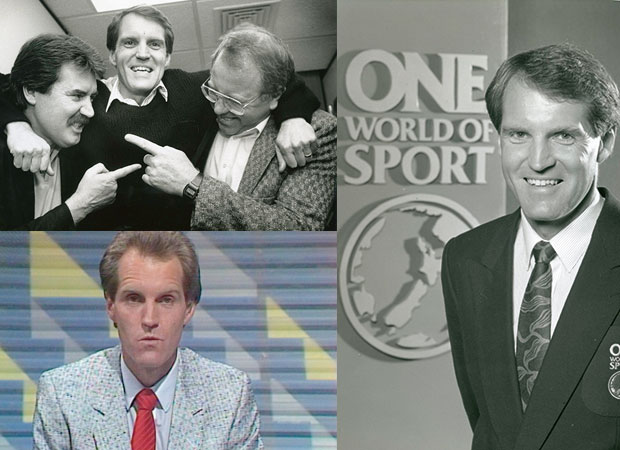 Peter Williams on A Question of Sport (bottom right, 1988), with Gifford and Quinn in 1989 and in 1990 for One World of Sport.