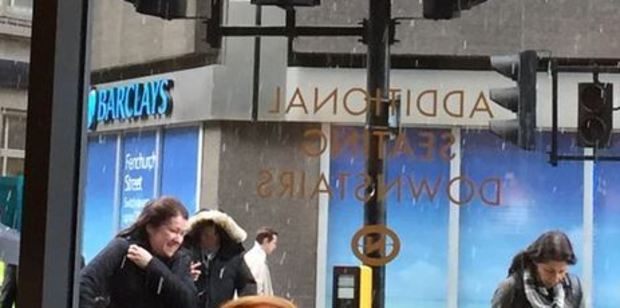 Sizeable flurries were felt throughout the day in between thunderclaps, rain showers and bursts of sun. Photo:
@EmmaNapier/Twitter