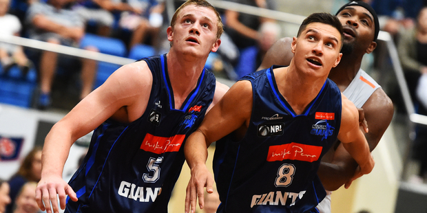 Giants players Finn Delany and Jarrod Kenny during their NBL Basketball game. Photo / Photosport