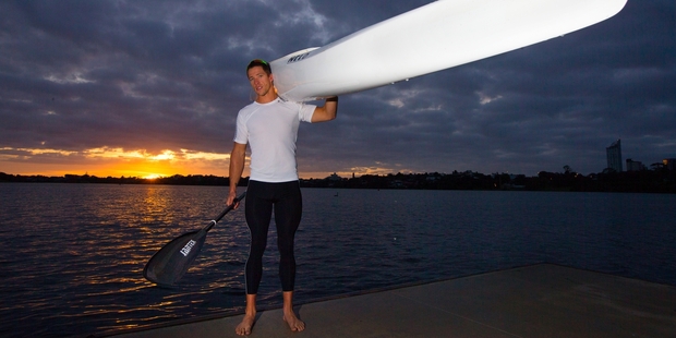 New Zealand canoe/kayak competitor Marty McDowell at a training session on Lake Pupuke, Takapuna, in the build up to the Rio Olympics. Photo / Brett Phibbs