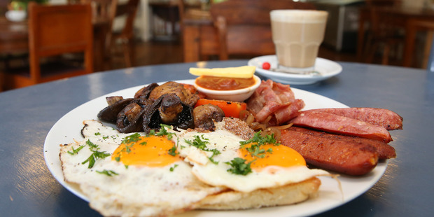 The Meaty Big Brekkie at the Huia Foodstore, Huia. Photo / Getty Images.