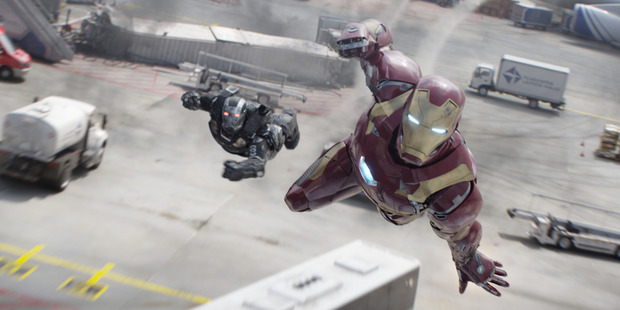 Marvel's Captain America: Civil War geatures War Machine/James Rhodes (Don Cheadle) and Iron Man/Tony Stark (Robert Downey Jr.).