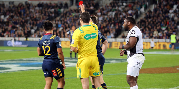 I'm not talking about the Willie le Roux incident in which Highlander Jason Emery was red-carded for tackling the Sharks' fullback in the air. Photo / Getty Images