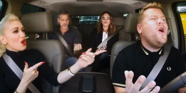 Gwen Stefani, George Clooney, Julia Roberts and James Corden in Carpool Karaoke. Photo / Youtube