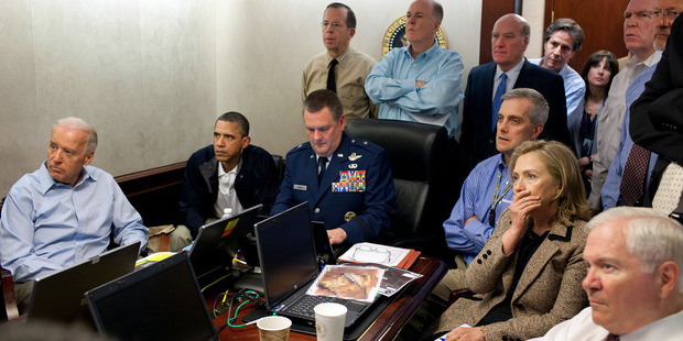 President Barack Obama and Vice President Joe Biden, along with members of the national security team, receive an update on the mission against Bin Laden. Photo / Pete Souza
