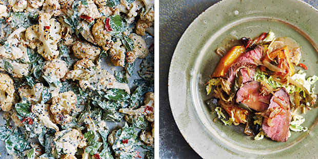 Salads from Peter Gordon's new book: Spiced, roast cauliflower salad and a venison & coconut-curried pumpkin salad. Photos / Bite magazine