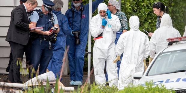 COMBING FOR CLUES: Police teams search for evidence on Shore Rd, in Auckland's Remuera, where a female jogger died while running to get help after being attacked by a stranger. PHOTO/MICHAEL CRAIG