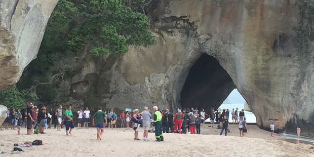 A 21-year-old man was rescued by the Auckland-Coromandel Westpac Rescue Helicopter after a near drowning at Cathedral Cove. Photo / Auckland rescue Helicopter Trust