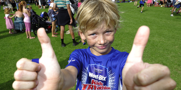 Max Perrott, 9, gives the thumbs at a previous Weetbix TrYathlon at Memorial Park, Tauranga. Photo/file.