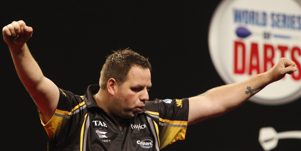 Adrian Lewis wins against Phil Taylor in the Auckland Dart Masters, semi-final at Trusts Arena on Sunday night. 30 August 2015. New Zealand Herald photograph by Nick Reed