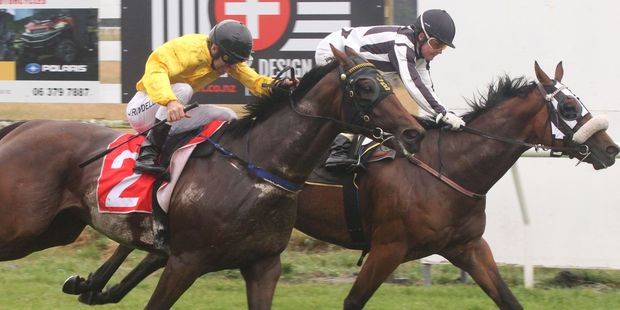 Interislander Summer Festival Tauherenikau Races. Lisa Riddell, riding Ballybay (rear) wins ahead of Jonathan Riddell on The Bandito in the Wairarapa Times-Age 1000m. PHOTO/ANDREW BONALLACK