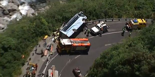 The scene of the bus crash at Otira Gorge, which has left one person in a critical condition. Photo / 3 News